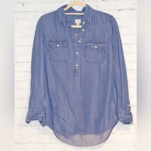 A New Day Chambray Denim Popover Top Blouse Blue Long Sleeve High Low Size M